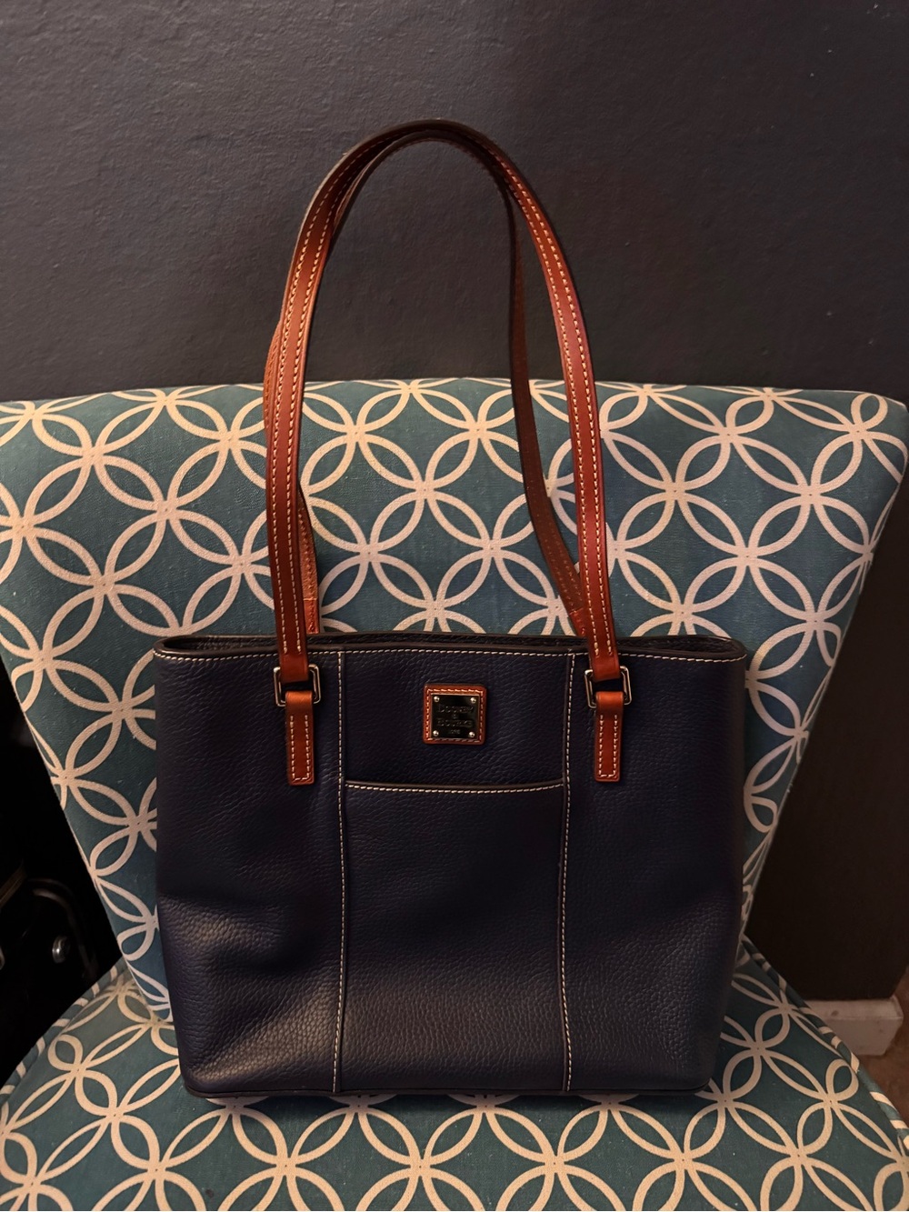 Women’s Navy Leather Tote with Brown Straps